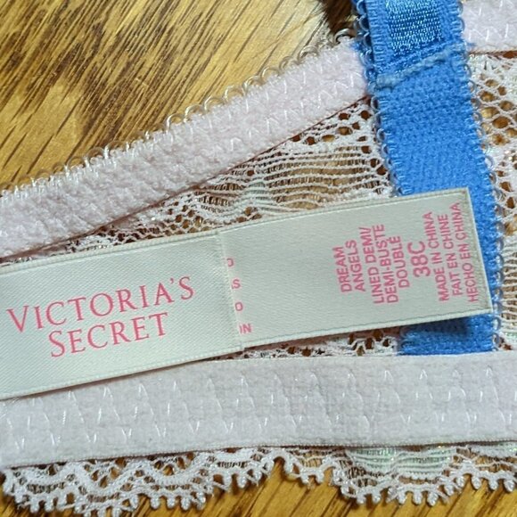 🧡 Victoria's Secret Dream Angels Lined Demi Blue with Pink Lace Overlay Bra - Picture 4 of 4